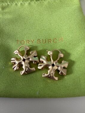 Tory Burch Gold Floral Emblem Hoop Earrings